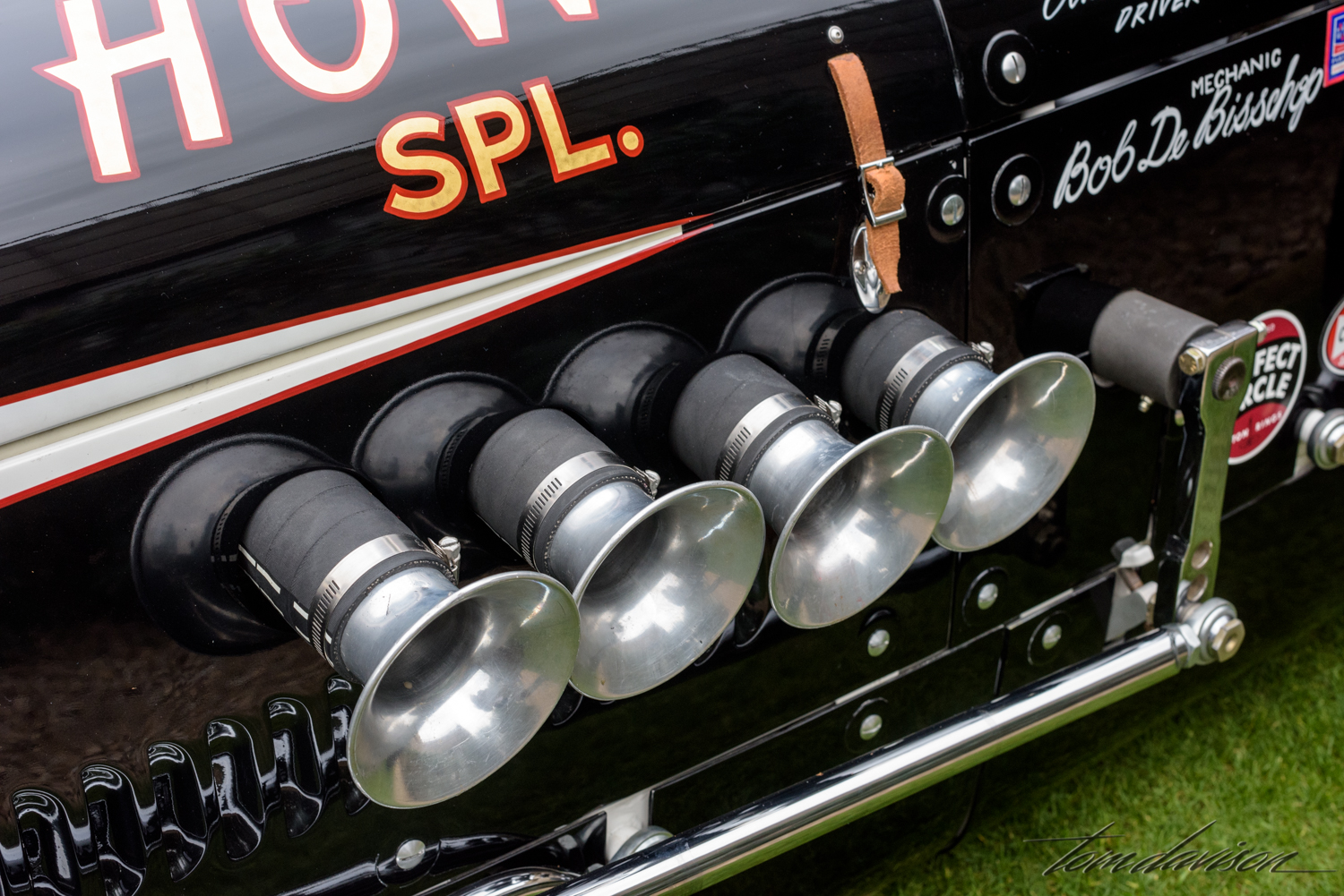 Detail of fuel injector stacks on a 1956 A.J. Watson race car.