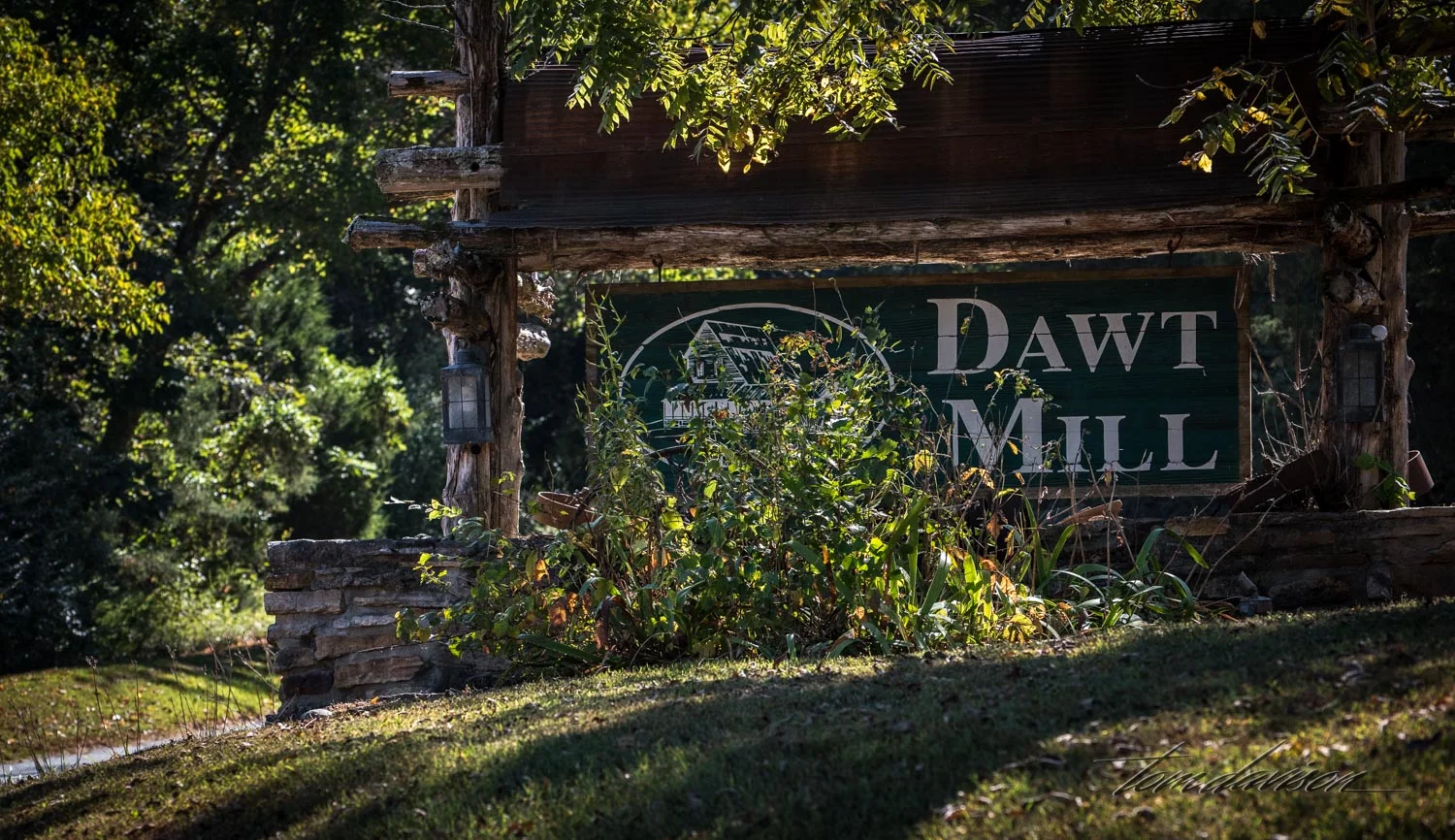 Dawt Mill was first on our grist mill tour. Wow, were we disappointed. We arrived to a scene of destruction, construction, noise, heavy duty equipment, furniture scattered everywhere, and men working in hard hats!! The creek was behind a fence and barely visible. There was no evidence of a mill that we could see. We were not aware that this past April there was a huge flood in the area following many days of rain. The water in the creek had risen to abut 15 feet above its normal high flow level and had taken out just abut everything and put it downstream. The men working the site were in the process of trying to rebuild. We took a photograph of the sign and drove away. We have since learned that most mills have faced destruction from fire, floods and war (yep, both Union and Confederate soldiers were happy to destroy a mill so the other side could not use it).