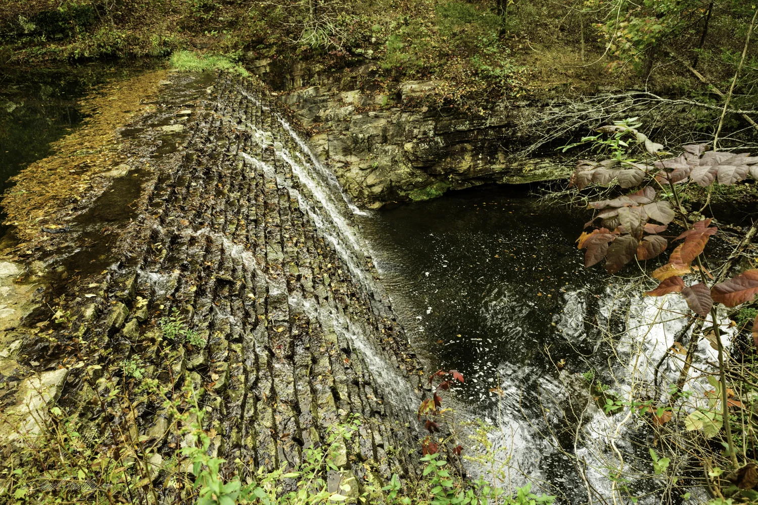This brick dam, built by the CCC is what creates Gunner Pond.