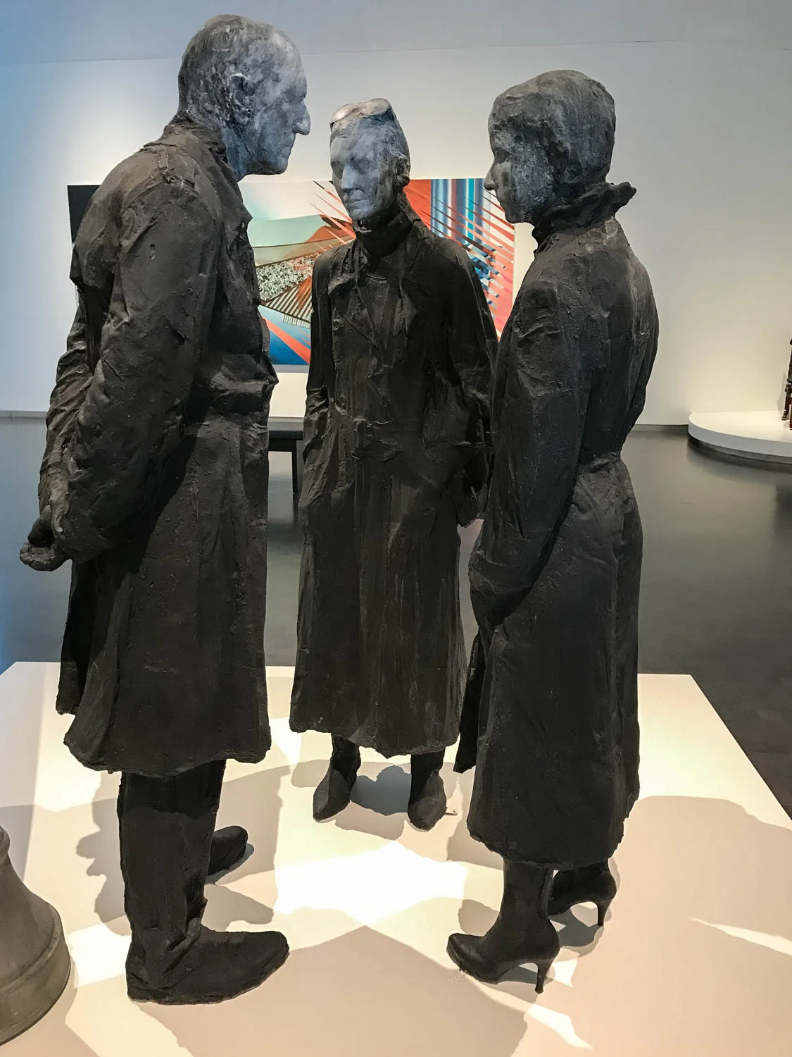 Chance Meeting, 1989 by George Segal (1924-2000, Plaster, aluminum and galvanized steel. " Chance Meeting " represents one of George Segal's favorite motifs: people on city streets. . . This pose, along with the title, implies that they are friends or acquaintances who have unexpectedly met on the street. Segal often used family and friends as models. In Chance Meeting, the woman wearing the high heels is the artist's daughter, Rena Segal. This plaster sculpture, part Pop Art and part Realism, contains details captured by the casting process, including folds in the clothing and even top stitching on seams."