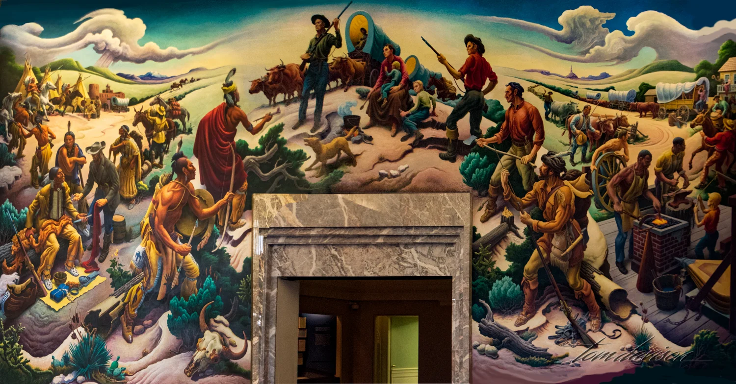 Tom did NOT use his fisheye for this photograph. Thomas Hart Benton, the artist, painted it in this manner. He is known for his surrealistic style. This painting recognizes the importance of Independence as the gateway to the west.