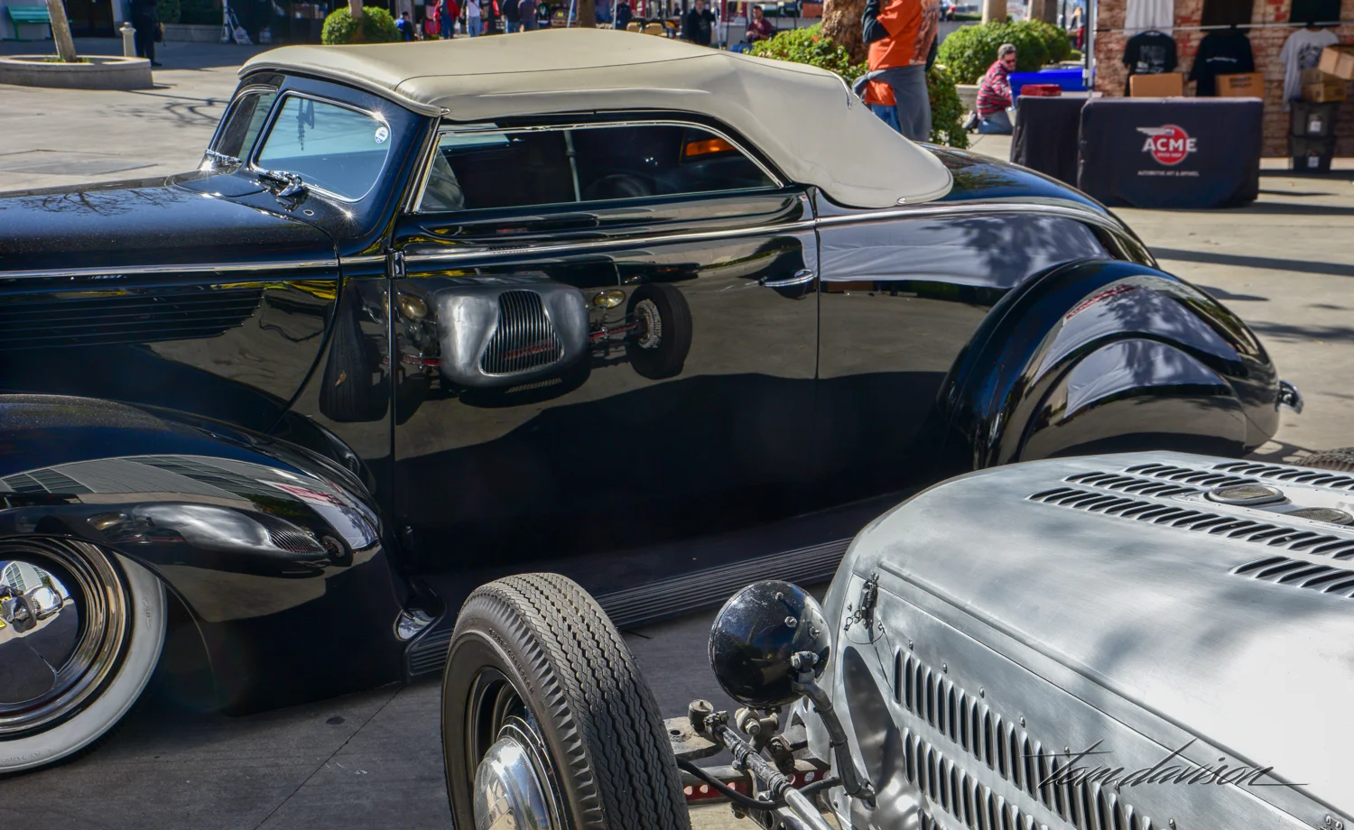 Aluminum race car with chopped 1937 Ford convertible.