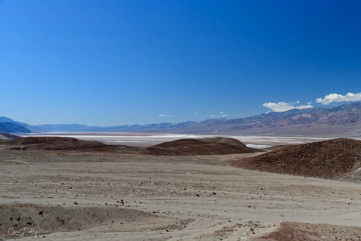 Looking south from the top of the hill one can see the salt deposits that form Badwater Basin.