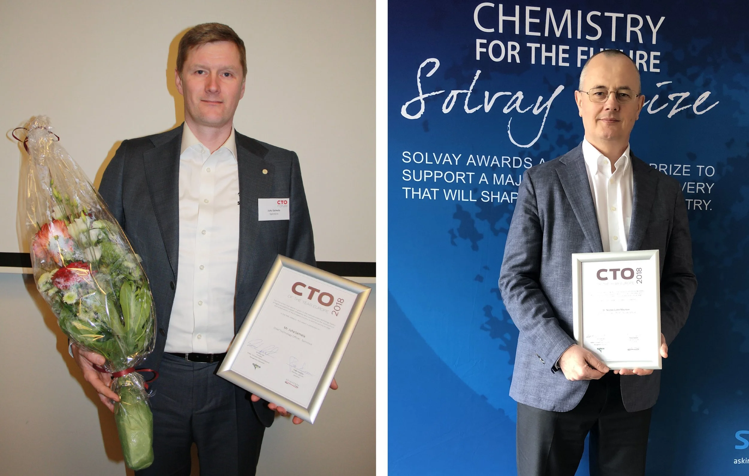 Juha Salmela (European CTO of the Year 2018, Spinnova) and Nicolas Cudré-Mauroux (European CTO of the Year 2018, Solvay)