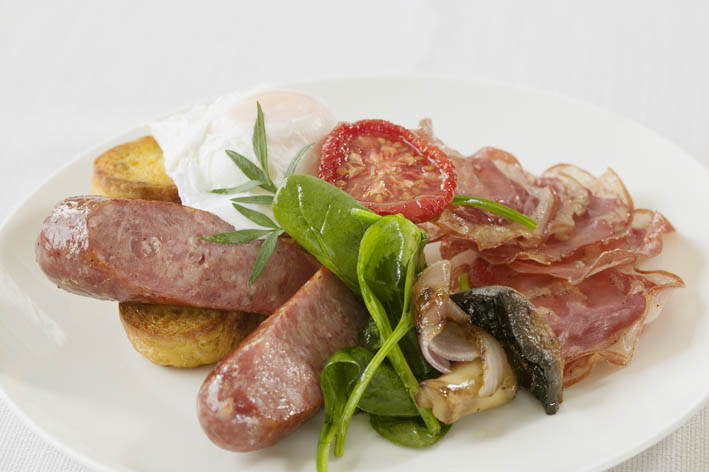 Borgo Big Breakfast with grilled Chorizo, Pancetta with spinach, mushrooms, organic free-range egg on pumpkin sourdough