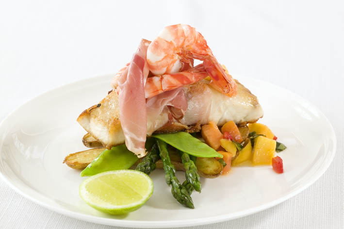 Pan-seared Barramundi with Prosciutto Borgo, Mango & Prawn Salsa