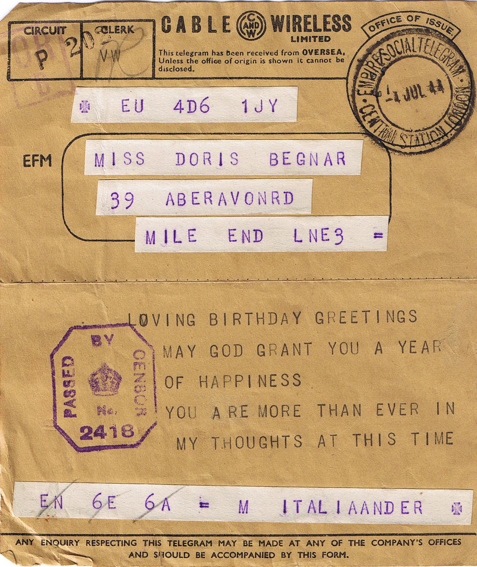 Birthday telegram to Doris