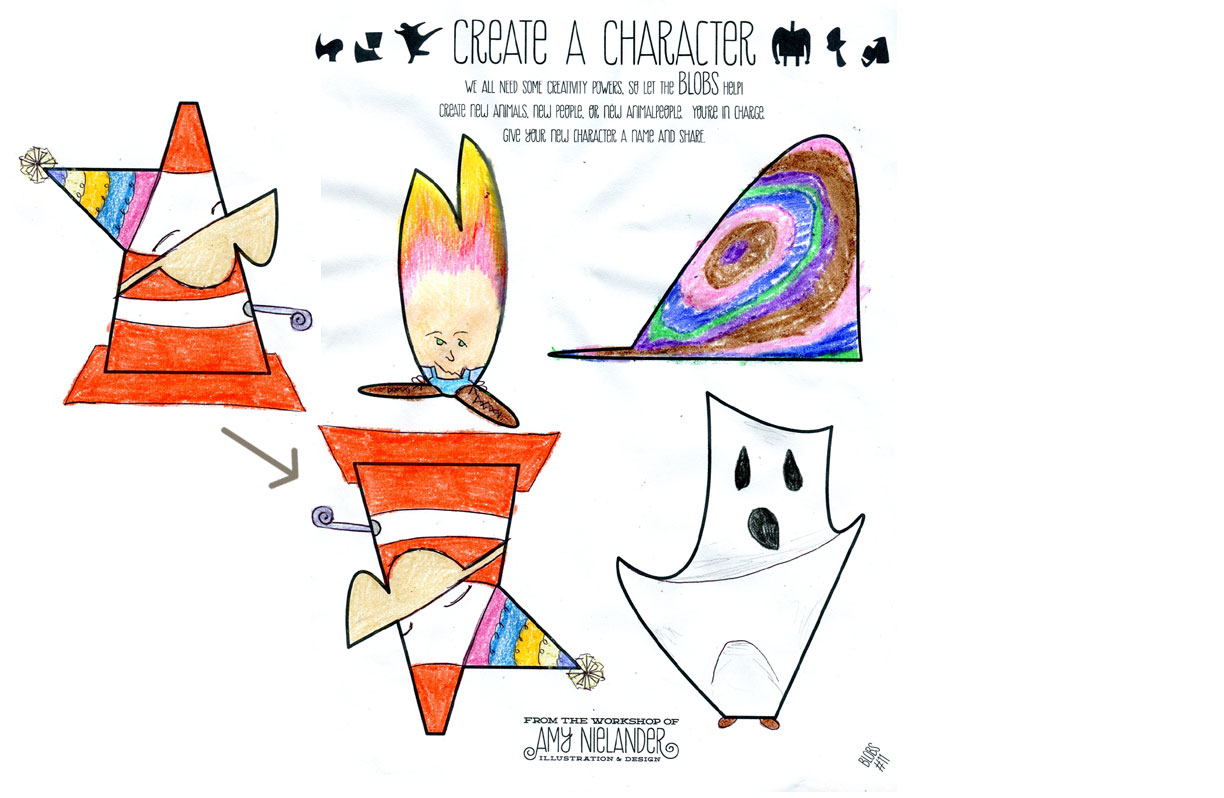PATRICA: Clockwise from left, EGG MAN (inspired by Humpty Dumpty), VUG UNDER THE RUG (inspired by Dr. Seuss's "There's A Wocket in My Pocket"), HALLOWEEN GHOST, CONSTRUCTION CONE GOING TO A PARTY