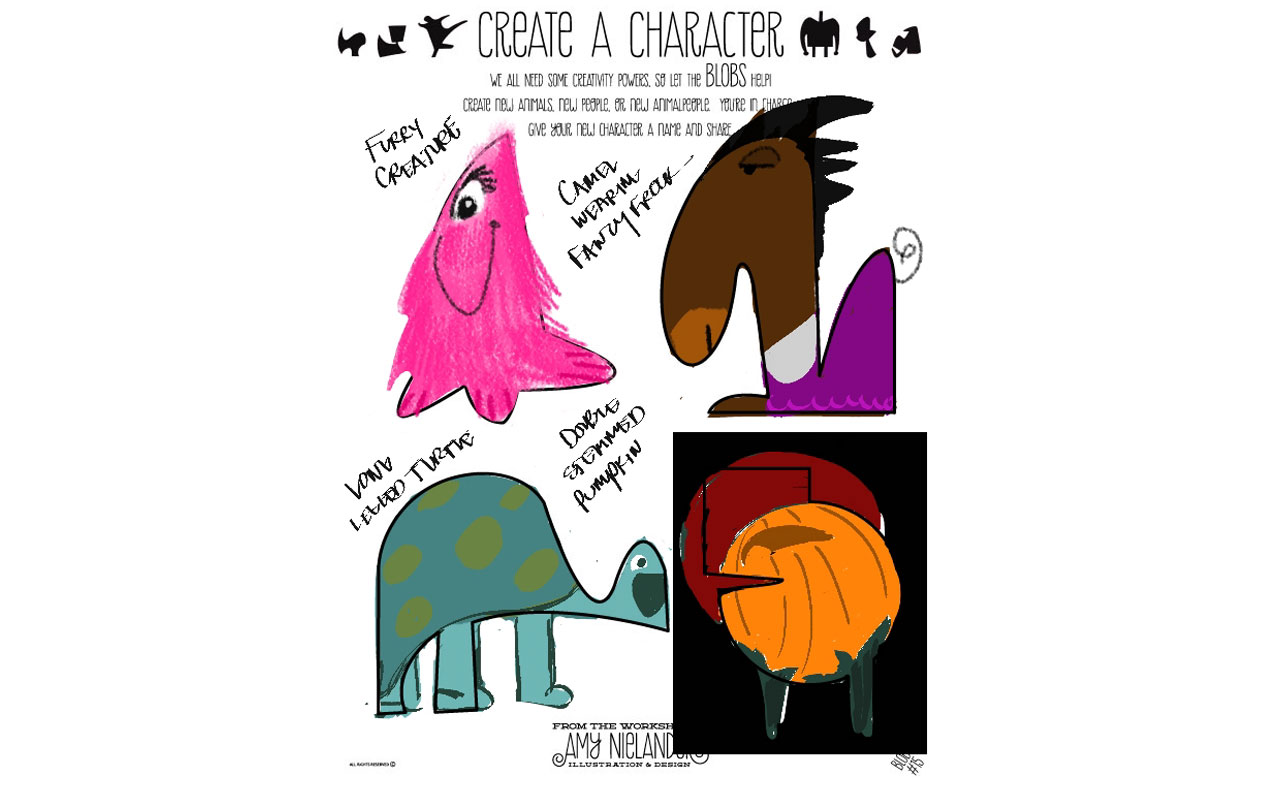 MY BLOBS CLOCKWISE FROM TOP LEFT: FURRY CREATURE, CAMEL WEARING FANCY FROCK, DOUBLE STEMMED WALKING PUMPKIN (lunar eclipse makes it come alive!), LONG LEGGED TURTLE