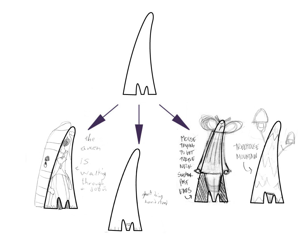 ANNA's ON LEFT (THE QUEEN IS WALKING THROUGH A DOOR), ELLIOT's CENTER (GHOST DOING HANDSTAND), AMY's ON RIGHT (MOUSE TRYING TO GET TURTLE NECK SWEATER PAST EARS and TREEHOUSE MOUNTAIN)