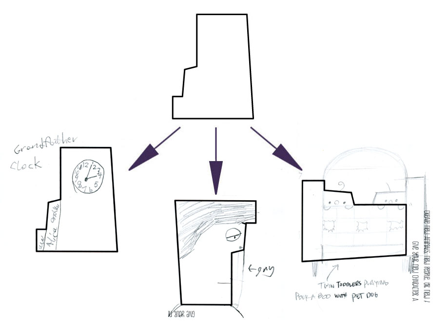 ANNA's ON LEFT (GRANDFATHER CLOCK), ELLIOT's CENTER (GUY), AMY's ON RIGHT (TWIN TODDLERS PLAYING PEEK-A-BOO WITH PET DOG)