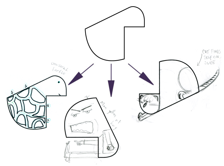 ANNA's ON LEFT (UNUSUAL TURTLE), ELLIOT's CENTER (MAN YELLING AT BUG), AMY's ON RIGHT (CAT FINDS SELF ON SLIDE)