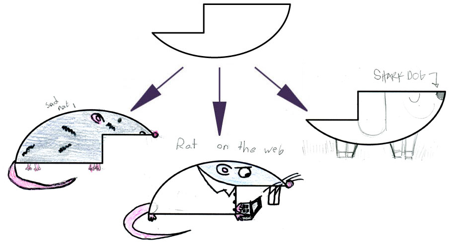 LEFT (SAD RAT), CENTER (RAT ON THE WEB), AMY's ON RIGHT (SHARK DOG)