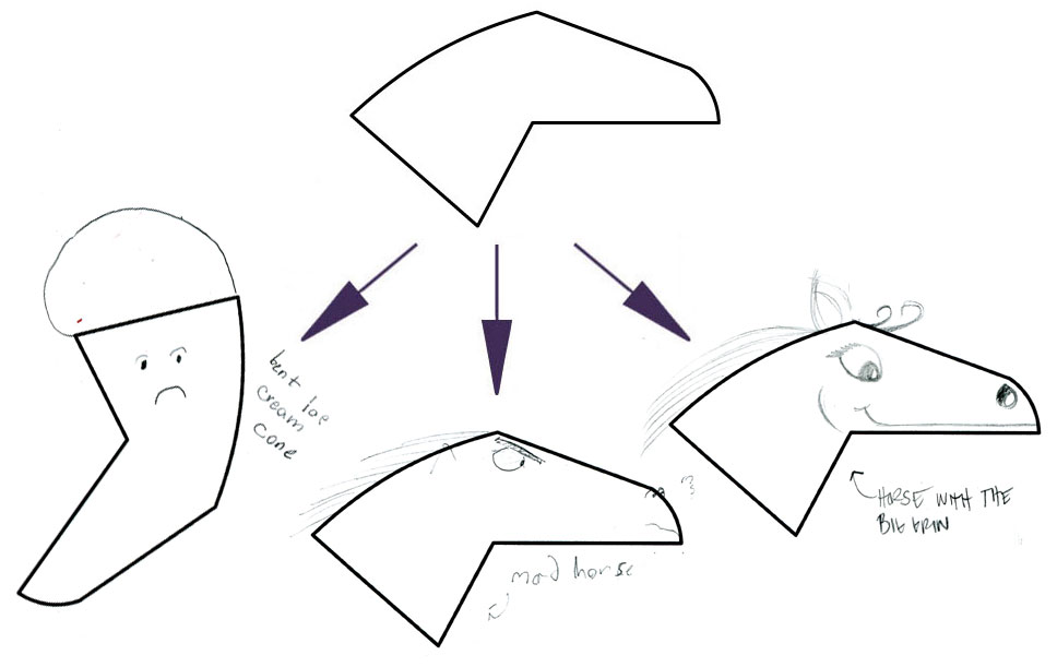 LEFT (BENT ICE CREAM CONE), CENTER (MAD HORSE), AMY's ON RIGHT (HORSE WITH BIG GRIN)