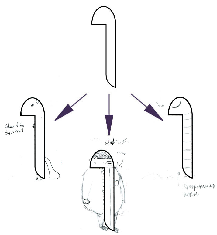LEFT (STANDING SQUIRREL), CENTER (WALRUS MAN), AMY's ON RIGHT (SLEEPWALKING WORM)