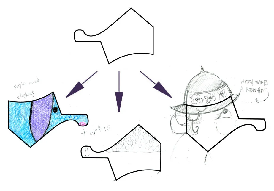 LEFT (PURPLE EAR-ED ELEPHANT), CENTER (TURTLE), AMY's ON RIGHT (WITCH WANTS A NEW HAT)