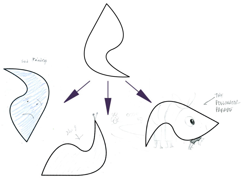 LEFT (RAINDROP), CENTER (SLUG), AMY's ON RIGHT (THE POLLINATOR PARADE)