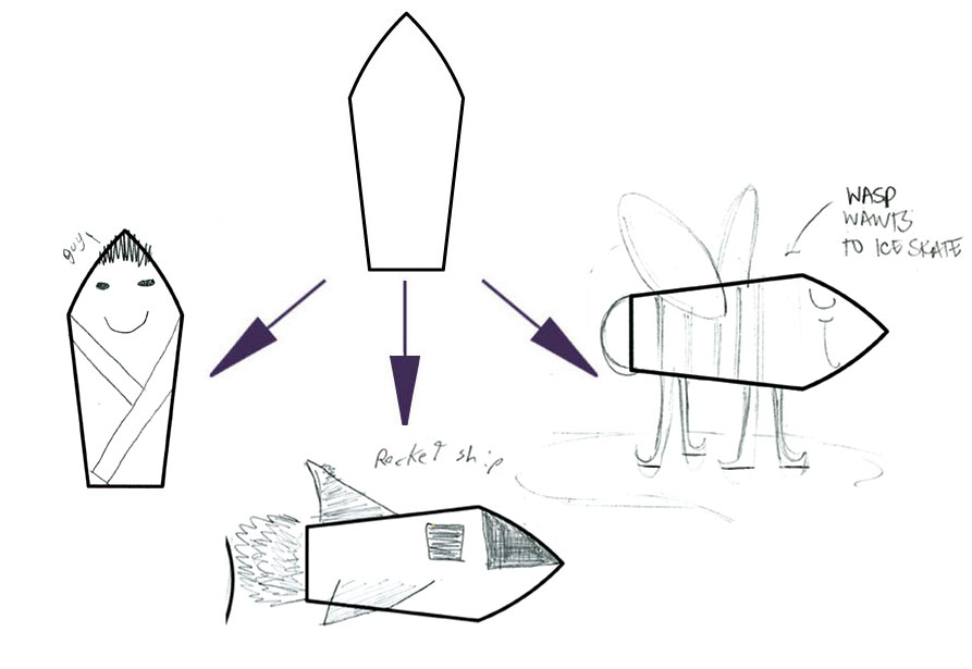 LEFT (GUY), CENTER (ROCKET SHIP), AMY's ON RIGHT (WASP WANTS TO ICE SKATE!)