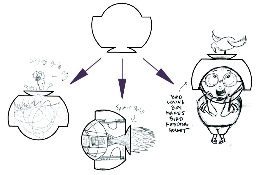 LEFT (SINGING GUINEA PIG), CENTER (SPACESHIP), AMY's ON RIGHT (BIRD LOVING BOY MAKES BIRD FEEDING HELMET)