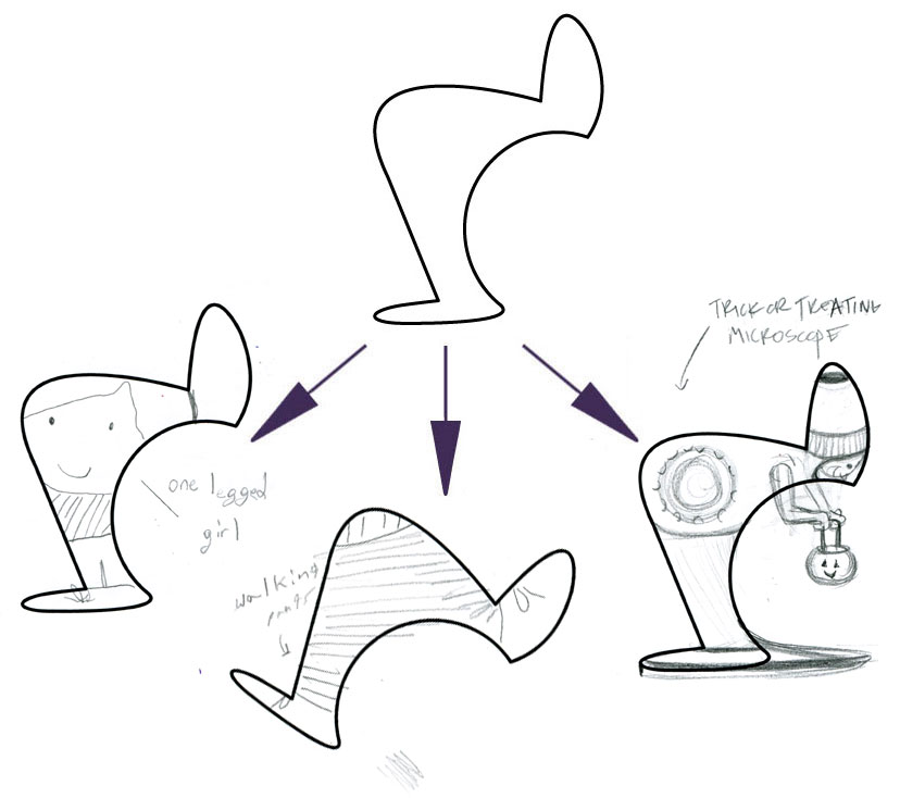 LEFT (ONE LEGGED GIRL), CENTER (WALKING PANTS), AMY's ON RIGHT (TRICK OR TREATING MICROSCOPE)