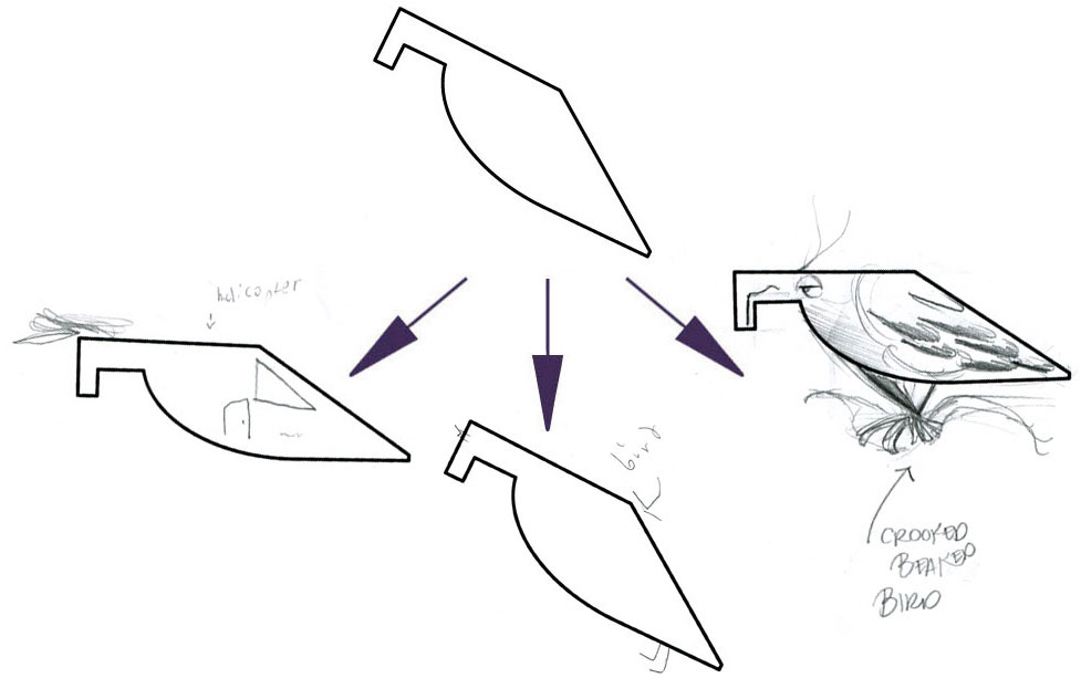LEFT (HELICOPTER), CENTER (BIRD), AMY's ON RIGHT (CROOKED BEAKED BIRD)