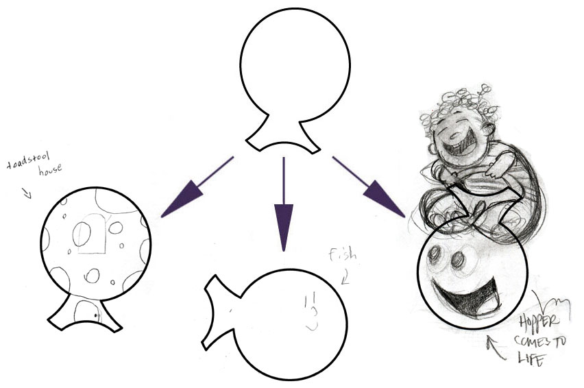 LEFT (TOADSTOOL HOUSE), CENTER (FISH), AMY's ON RIGHT (HOPPING BALL COMES TO LIFE)
