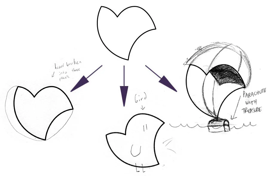 LEFT (HEART BROKEN IN TO THREE PIECES), CENTER (BIRD), AMY's ON RIGHT (PARACHUTE WITH TREASURE)