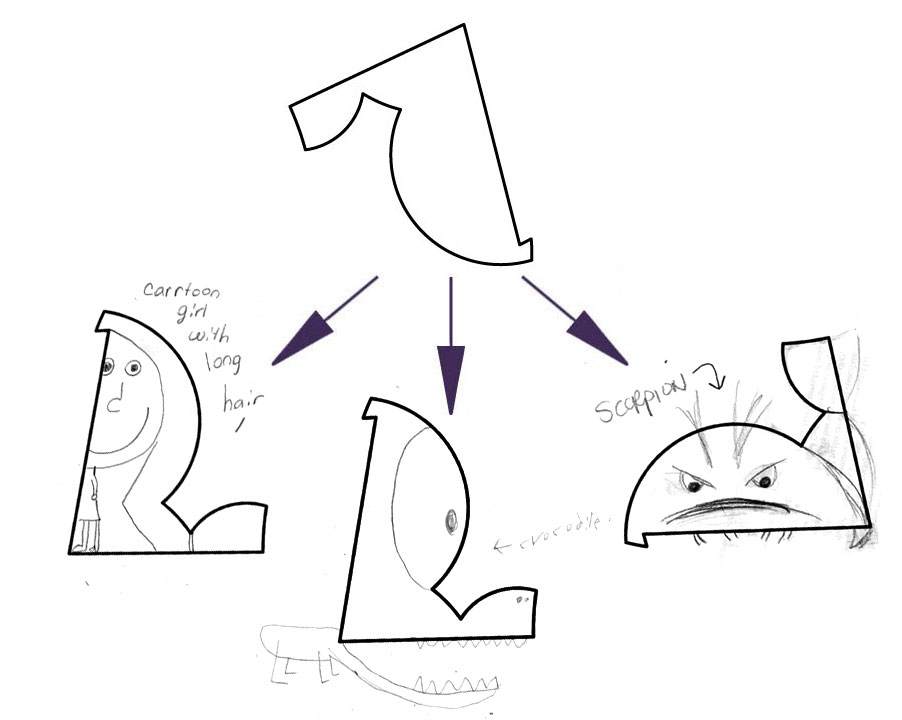 LEFT (CARTOON GIRL WITH LONG HAIR), CENTER (CROCODILE), AMY's ON RIGHT (SCORPION)