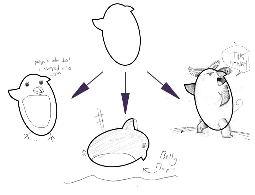 LEFT (PENGUIN WHO JUST JUMPED OFF A CLIFF), CENTER (PENGUIN DOES A BELLY FLOP), AMY's ON RIGHT (PIG SPOTS LUKE SKYWALKER)