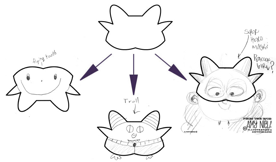 LEFT (FLYING TOOTH), CENTER (TROLL), AMY's ON RIGHT (SUPER HERO: PEACOCK GIRL?)