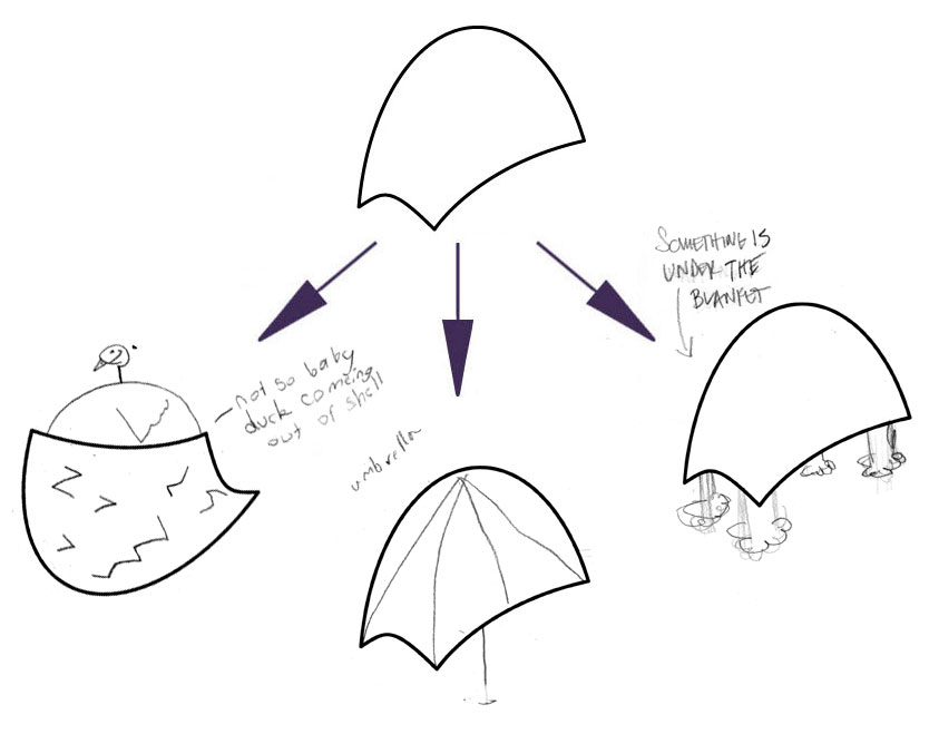 LEFT (NOT SO BABY DUCK COMING OUT OF SHELL), CENTER (UMBRELLA), AMY's ON RIGHT (SOMETHING IS UNDER THE BLANKET)