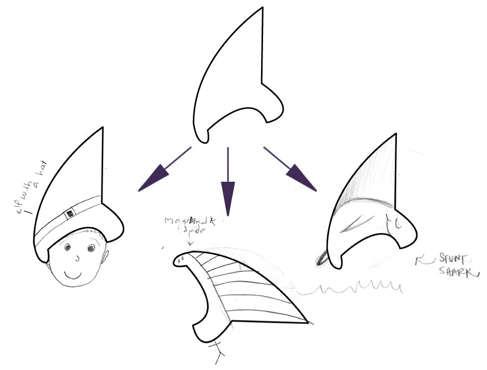 LEFT (ELF WITH A HAT), CENTER (MOHAWK DUDE), AMY's ON RIGHT (STUNT SHARK)