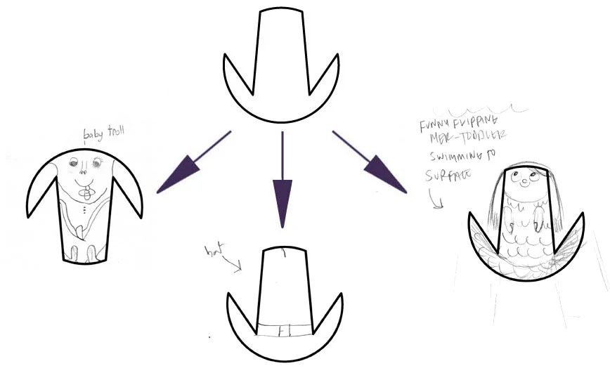 LEFT (BABY TROLL), CENTER (HAT), AMY's ON RIGHT (MER-TODDLER LEARNING TO FLIP TOWARD SURFACE)
