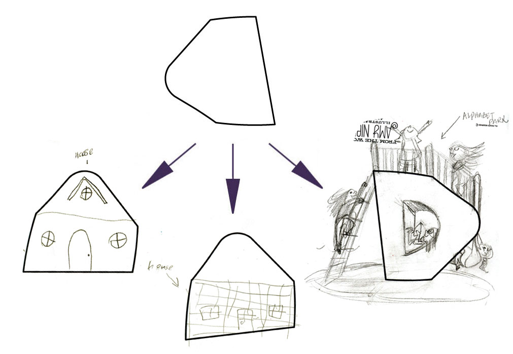 LEFT (HOUSE), CENTER (HOUSE), AMY's ON RIGHT (A "D" PLAY STRUCTURE IN A CONCEPTUAL "ALPHABET PARK")