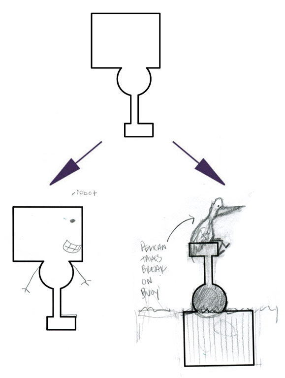 LEFT (ROBOT), AMY's ON RIGHT (PELICAN TAKES A BREAK ON BUOY)