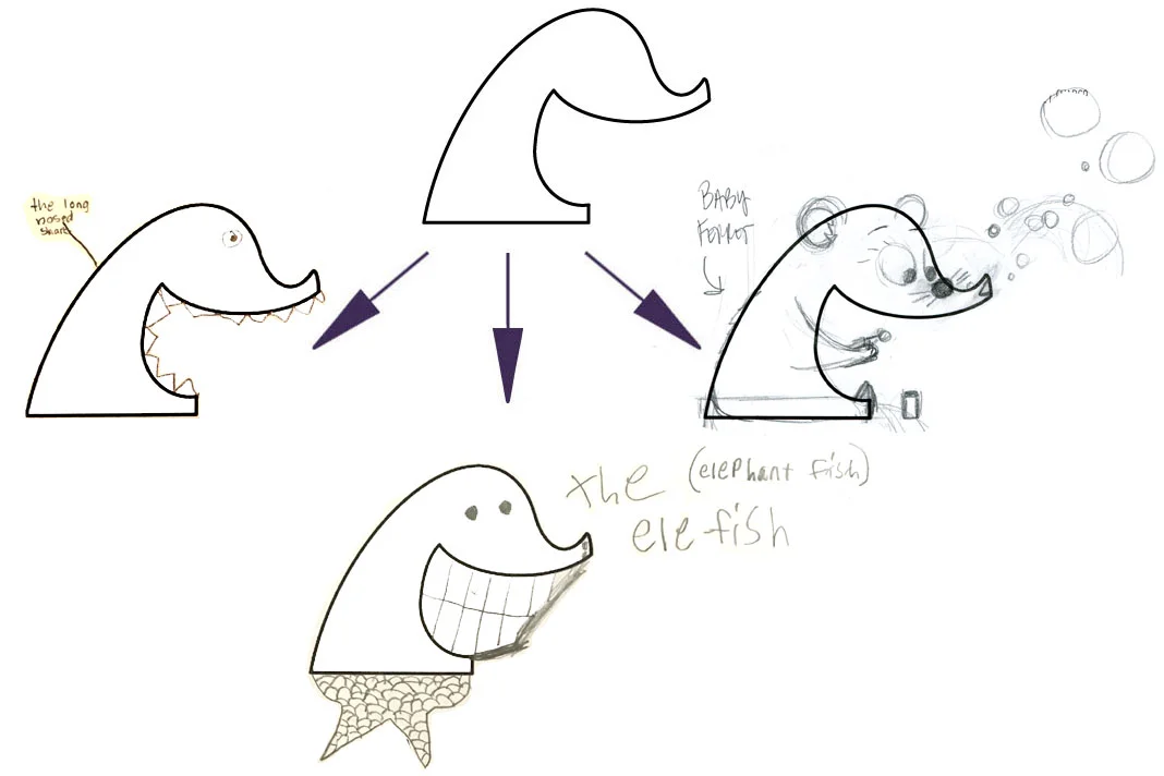 MADELEINE'S LEFT (THE LONG NOSED SHARK), CONNOR's CENTER (THE ELEPHANT FISH), AMY'S RIGHT (BABY FERRET BLOWING BUBBLES)