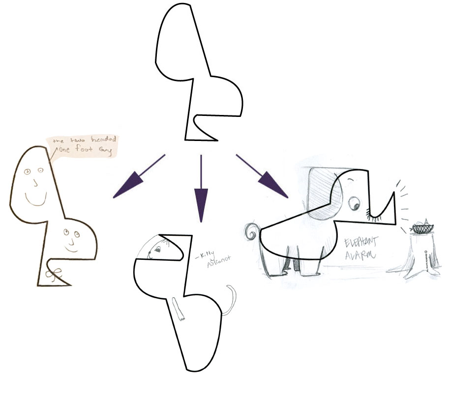 MADELEINE's LEFT (THE TWO HEADED ONE FOOT GUY), ANNA's CENTER (KITTY ASTRONAUT), AMY's RIGHT (ELEPHANT ALARM)
