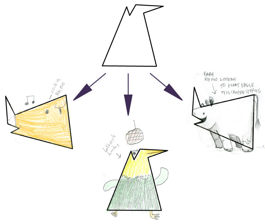 ANNA'S LEFT (ROCKIN RHINO), ELLIOT'S CENTER (BALD EAGLE DANCING), AMY'S RIGHT (BABY RHINO GOES TO CAMP)