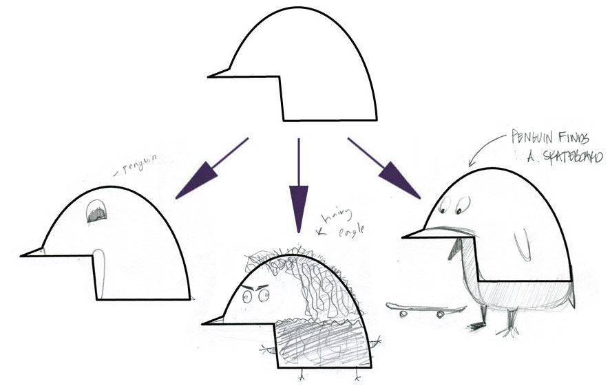 ANNA'S LEFT (PENGUIN), ELLIOT'S CENTER (HAIRY EAGLE), AMY'S RIGHT (PENGUIN FINDS A SKATEBOARD)