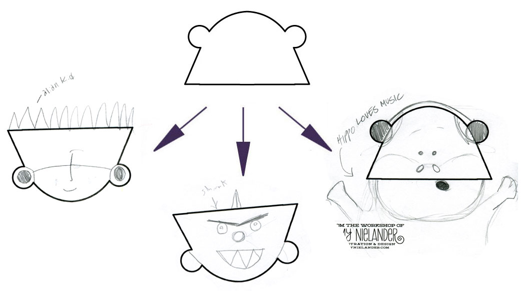 ANNA'S LEFT (ALIEN KID), ELLIOT'S CENTER (SHARK), AMY'S RIGHT (HIPPO LOVES MUSIC)
