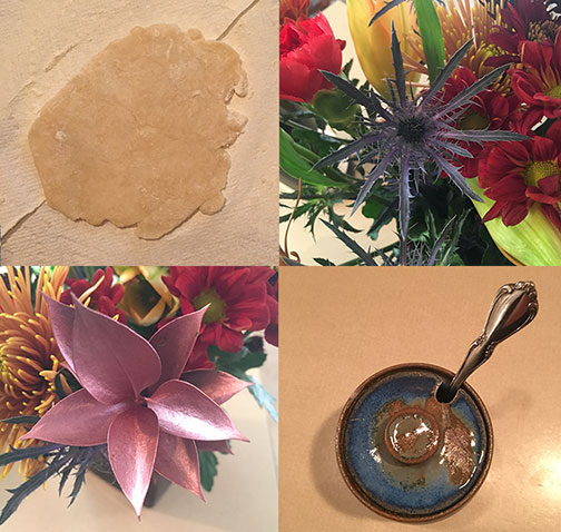 Rolling out dough for yummy pumpkin pie, spiky looking flower, shimmery leaf bouquet filler, and a familiar ceramic sugar pot with cap. 