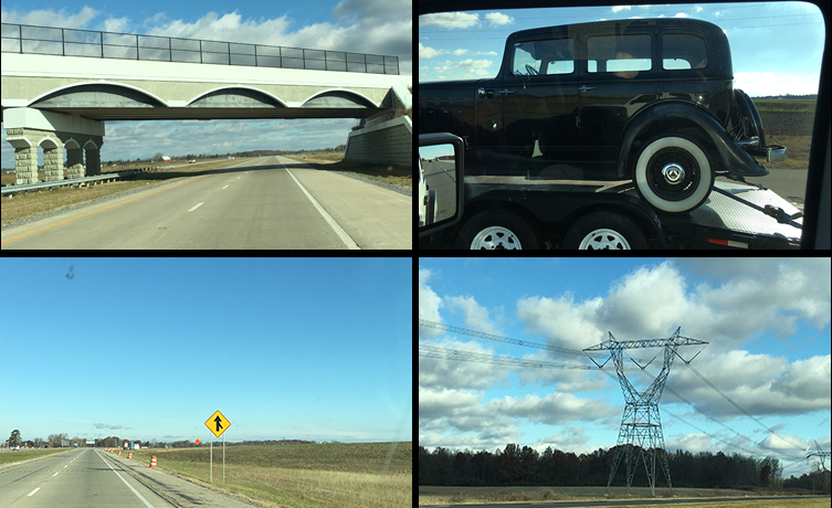 An overpass , 1933 Hudson , Merge sign, a distribution tower