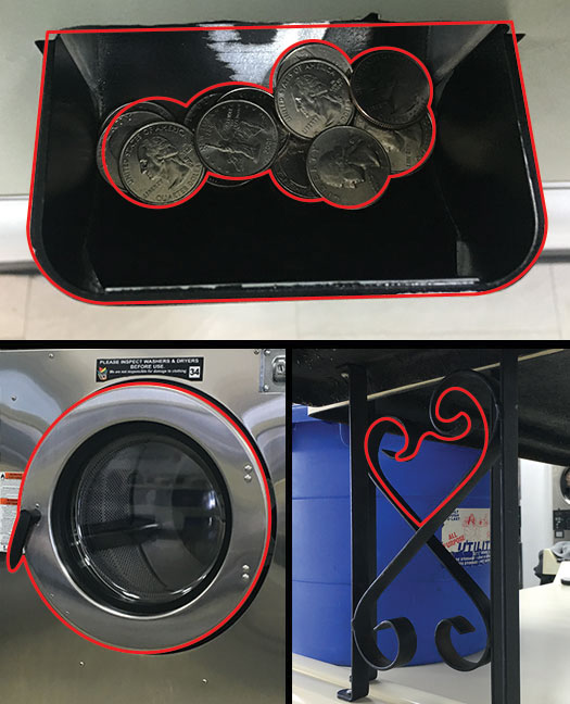 COIN TRAY with all of my quarters (I needed about $7 in change), a DRYER and a decorative SHELF STAND that was directly behind me. 