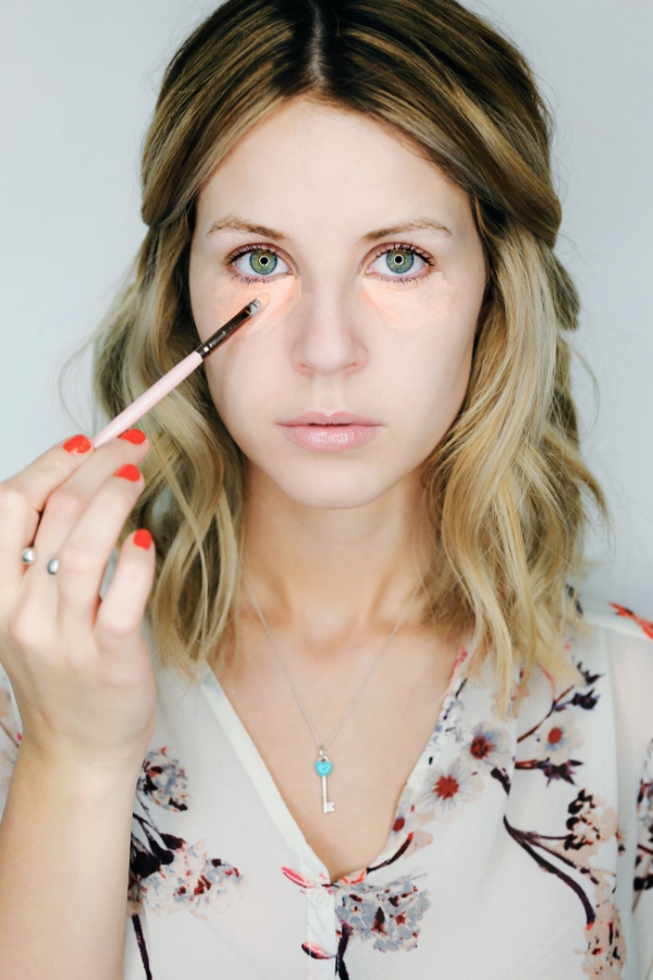 Mix the salmon and pinkish toned colors together and apply to the under eyes with a small concealer brush. Use your ring finger and pat the product into your skin. *Tip: Your ring finger has the least amount of pressure and is one of the best beauty tools to use.