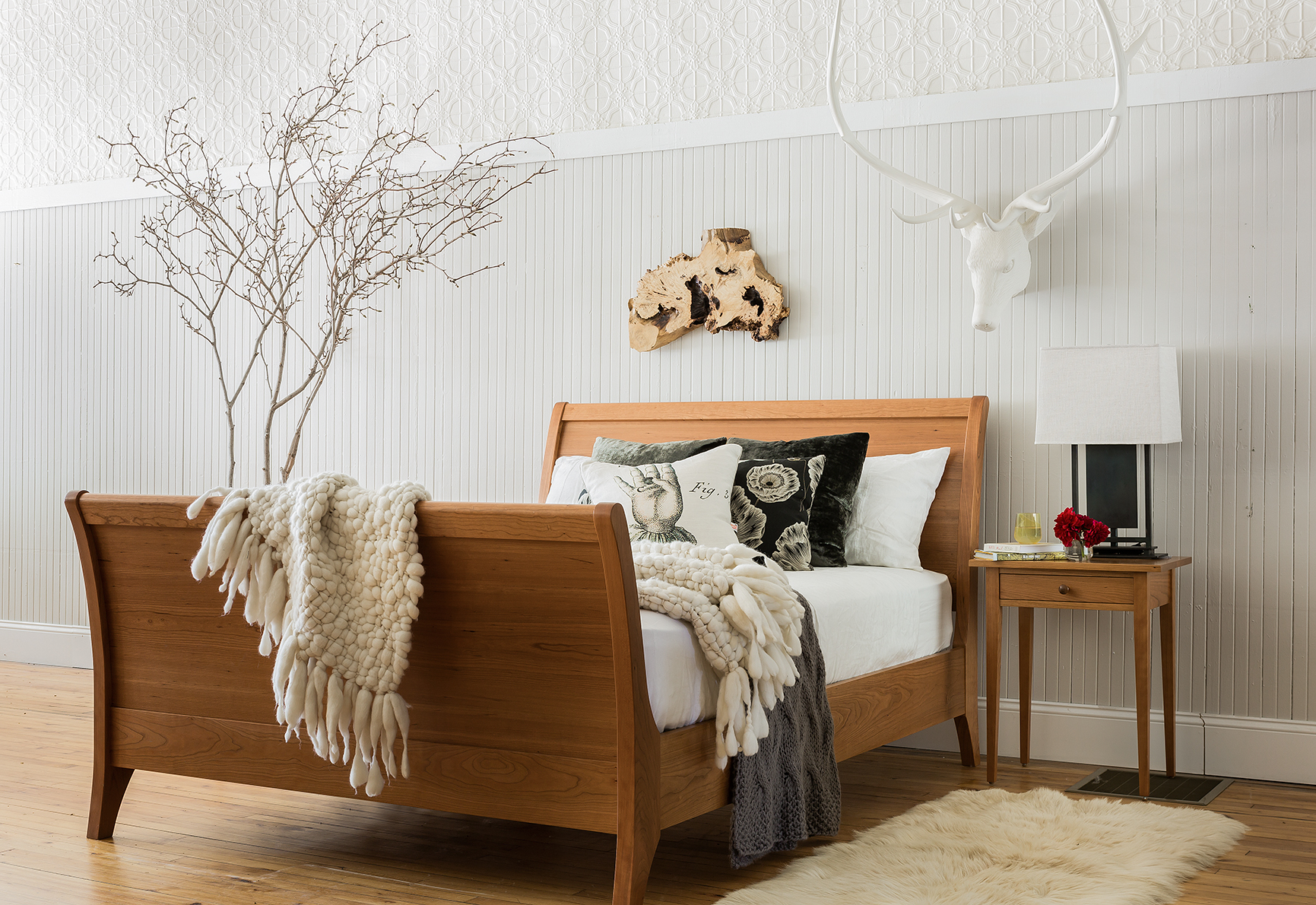 Riverside Sleigh Bed in cherry, queen size and shaker nightstand in cherry.