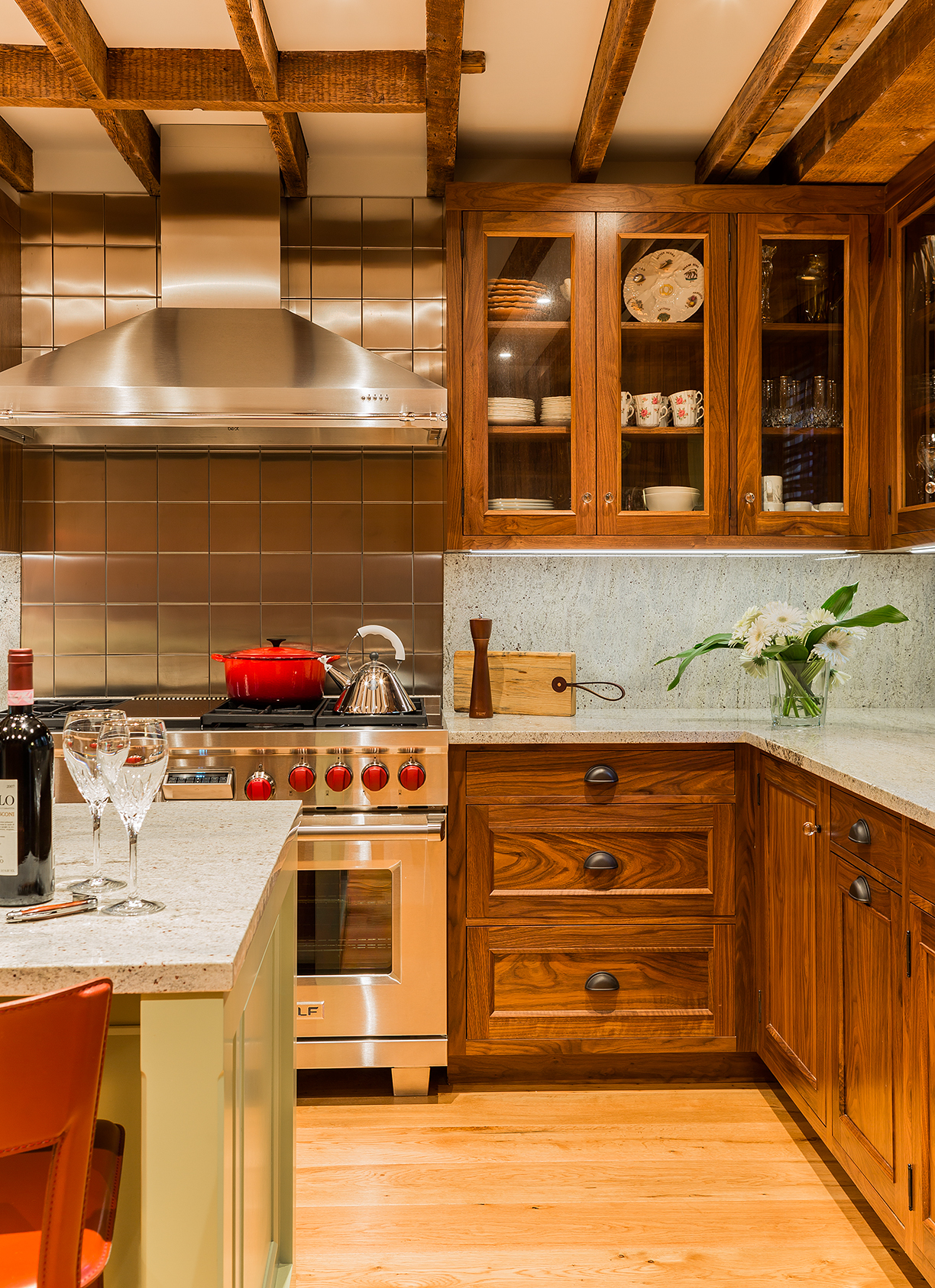  Beacon Hill walnut kitchen with original beams, stainless steel tiles and antique oak flooring. 