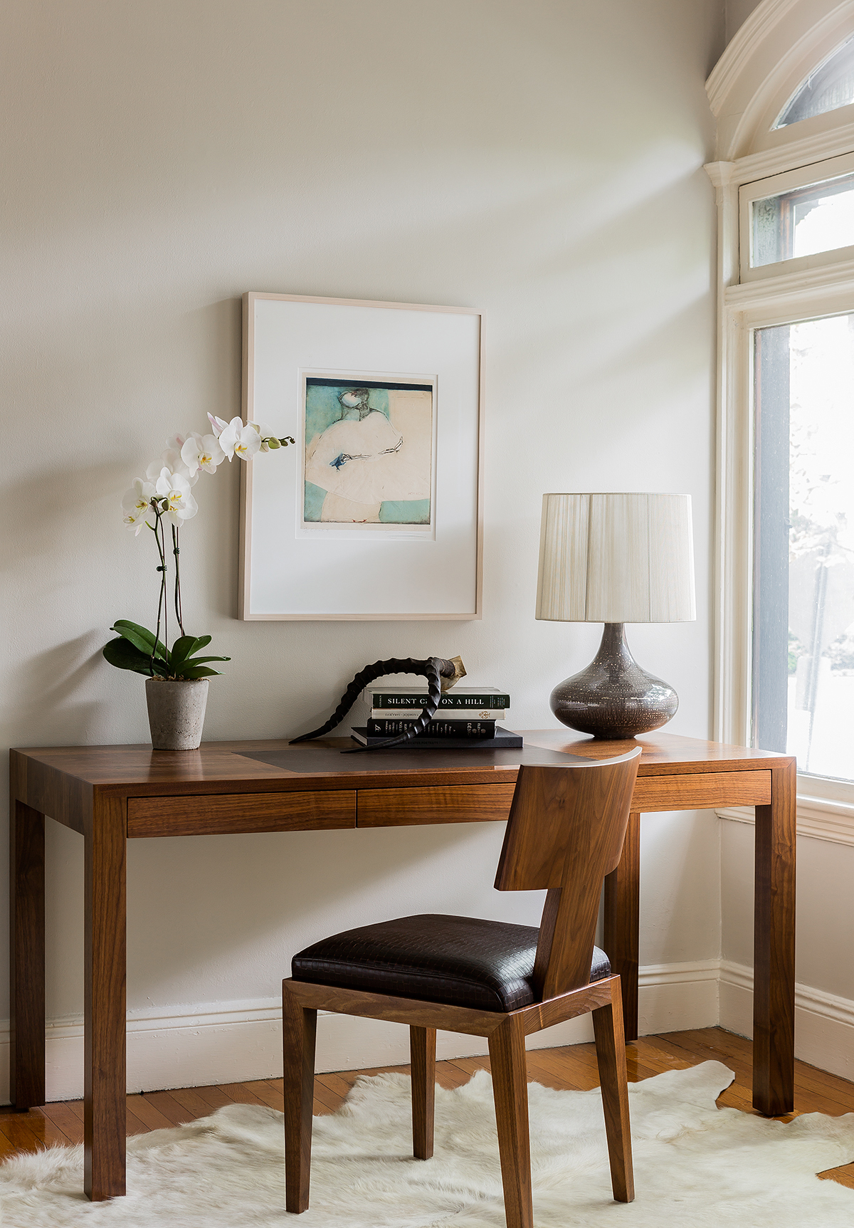 Walnut Parsons Desk with leather inlaid top and Half Crown Chair.