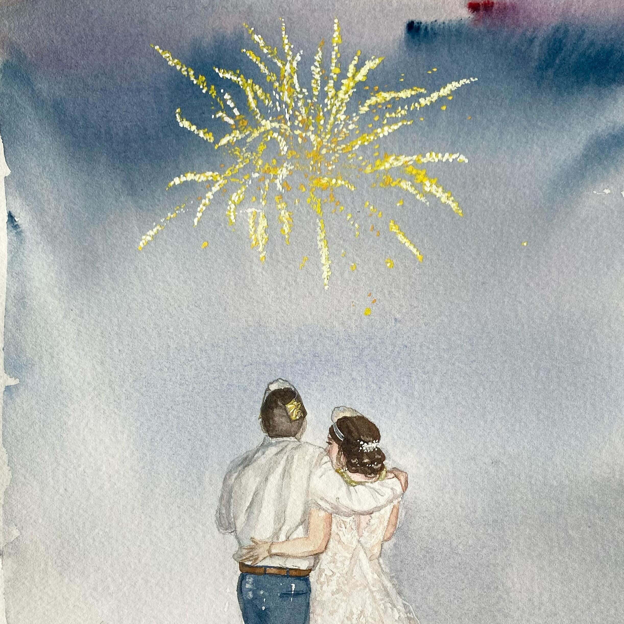 Detail of a New Year's Eve wedding portrait commission for a sweet friend.

I played around with many watercolor techniques in my sketches and settled on using gauche for the fireworks and lace. I kinda love how it turned out!

#weddingportrait #newy