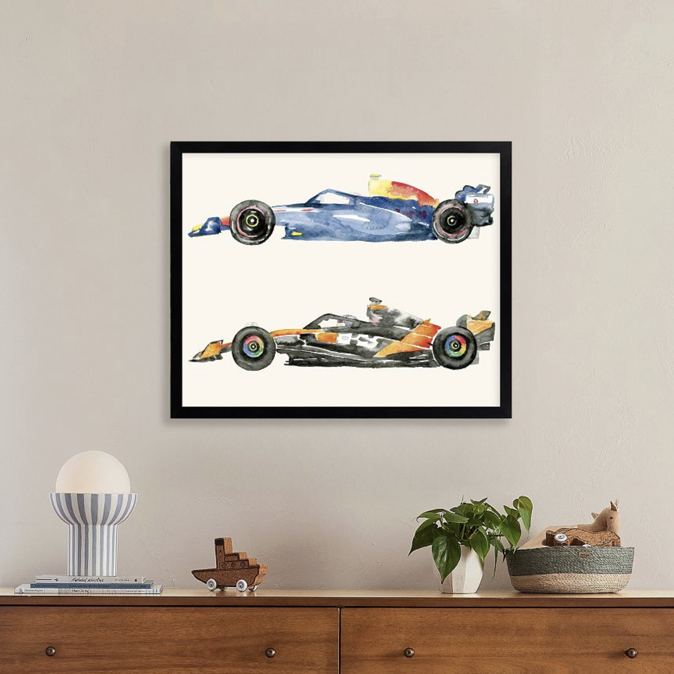 watercolor formula one cars  in a frame and styled in a room