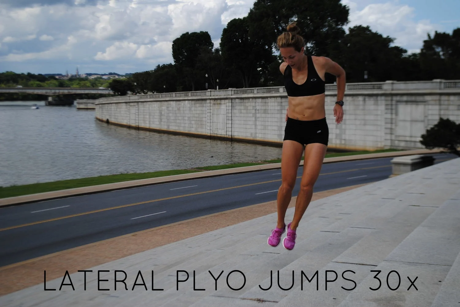 I was jumping side to side on stairs, but if you are "jumper- beginner" jump with nothing more than a line on the floor until you are comfortable with side to side jumping or jumping over low barriers. 